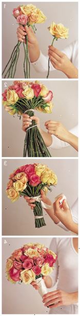 Hvordan lage brudebuketter. Velg et utvalg av blomster som vil utfylle bryllupet farger pent og som også utfyller hverandre for å se ut som en blomsterbukett versus en kastet sammen buntet array.