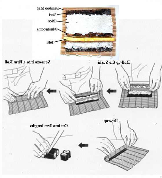 Hvordan å rulle sushi. Plasser et ark av nori tang på plastfolie og spre en kopp sushi ris (korte korn) på toppen.